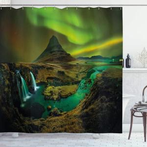 Ambesonne Animal Shower Curtain, Colorful Design Savannah Themed Cartoon Animals Image Art Forest Woodland Print, Cloth Fabric Bathroom Decor Set with Hooks, 69″ W x 84″ L, Multicolor Sky Blue(Fern and Olive Green)