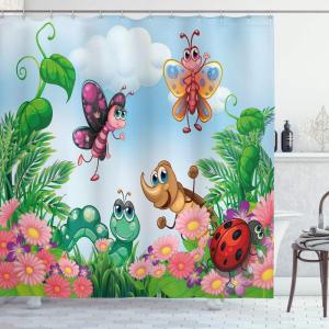 Ambesonne Animal Shower Curtain, Colorful Design Savannah Themed Cartoon Animals Image Art Forest Woodland Print, Cloth Fabric Bathroom Decor Set with Hooks, 69″ W x 84″ L, Multicolor Sky Blue(Jade Green Fern Green)