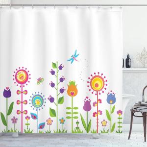 Ambesonne Cartoon Shower Curtain, Floral Fun Print with Colorful Flowers Illustration Whimsical Summer Ornament, Cloth Fabric Bathroom Decor Set with Hooks, 69″ W x 70″ L, Multicolor White(Multicolor White)