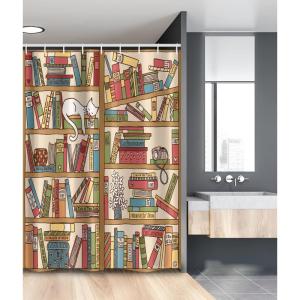 Ambesonne Cat Stall Shower Curtain, Nerd Book Lover Kitty Sleeping Over Bookshelf Library Academics Feline Boho Design, Fabric Bathroom Decor Set with Hooks, 54″ W x 78″ L, Ecru Camel White