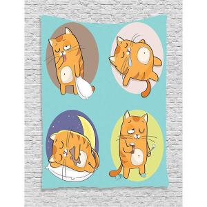 Ambesonne Cat Tapestry, Cartoon Cat in Various Poses Sleepy Lying Dreaming Expression Comic, Wall Hanging for Bedroom Living Room Dorm Decor, 40″ X 60″, Turquoise Apricot(Turquoise Apricot Grey)
