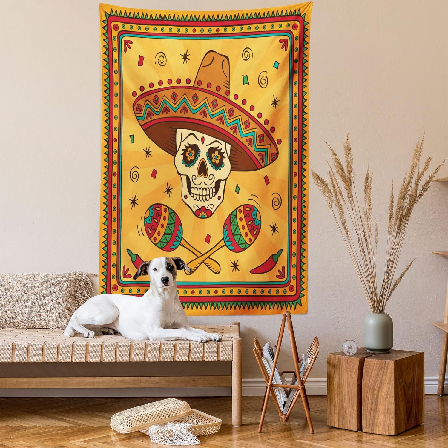 imageAmbesonne Mexican Tapestry Mexican Sugar Skull Cartoon Carnival Cartoon Traditional Celebration Print Wall Hanging for Bedroom Living Room Dorm Decor 40 X 60 Orange TealOrange Teal