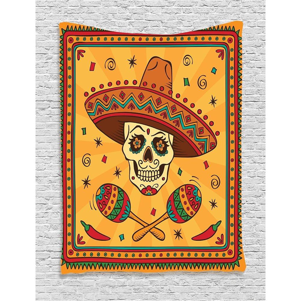 imageAmbesonne Mexican Tapestry Mexican Sugar Skull Cartoon Carnival Cartoon Traditional Celebration Print Wall Hanging for Bedroom Living Room Dorm Decor 40 X 60 Orange TealOrange Teal