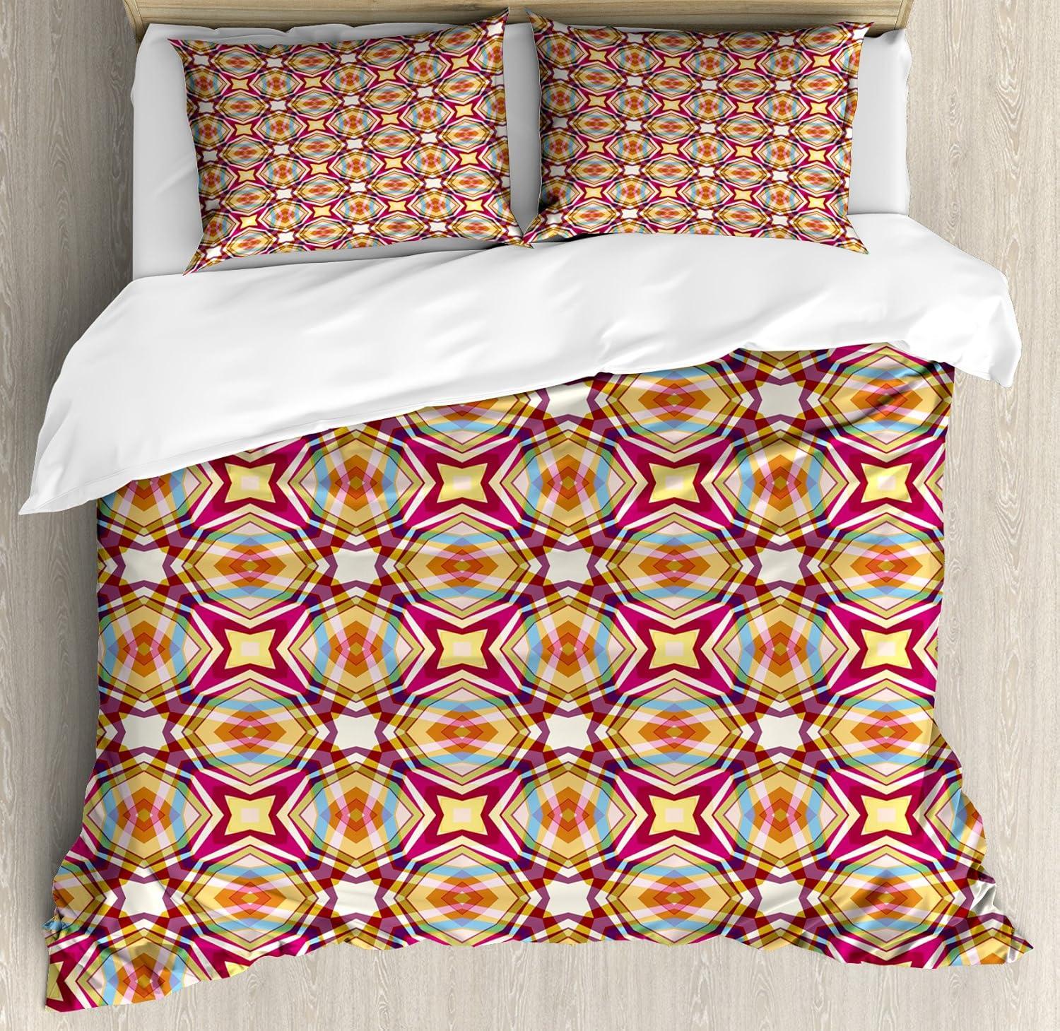 imageAmbesonne Romantic Duvet Cover Set Valentines Day Pattern with Bullseye Circles Love Ornate Heart Shapes Decorative 3 Piece Bedding Set with 2 Pillow Shams Queen Size Seafoam PinkPale Yellow Multicolor