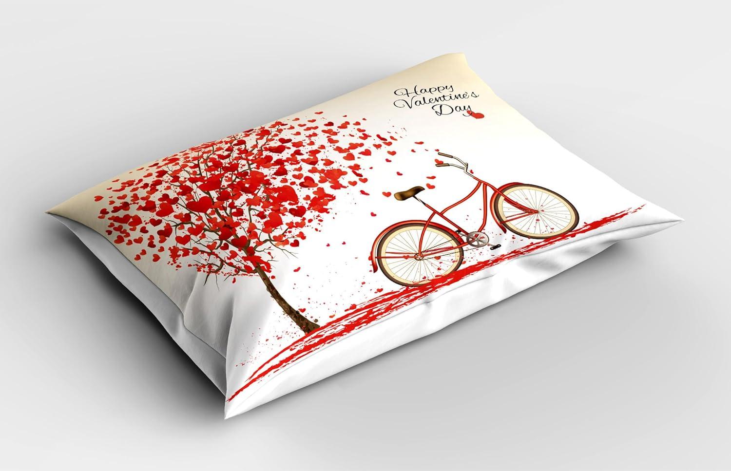 imageAmbesonne Valentines Day Pillow Sham Set of 2 Romantic Tree with Blooming Hearts with Bike and Petals Vintage Art Quality Microfiber Bedding Item for All Seasons 36 x 20 Cream VermilionCream Vermilion