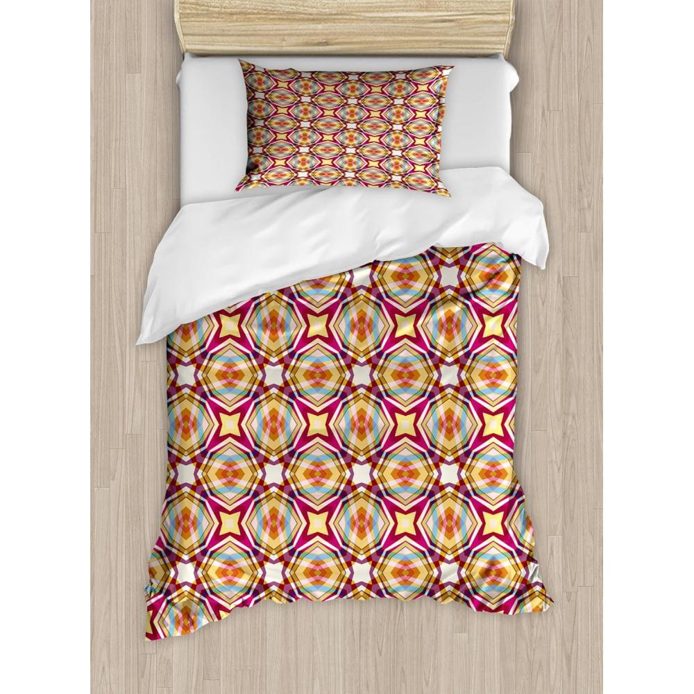 imageAmbesonne Romantic Duvet Cover Set Valentines Day Pattern with Bullseye Circles Love Ornate Heart Shapes Decorative 3 Piece Bedding Set with 2 Pillow Shams Queen Size Seafoam PinkPale Yellow Multicolor