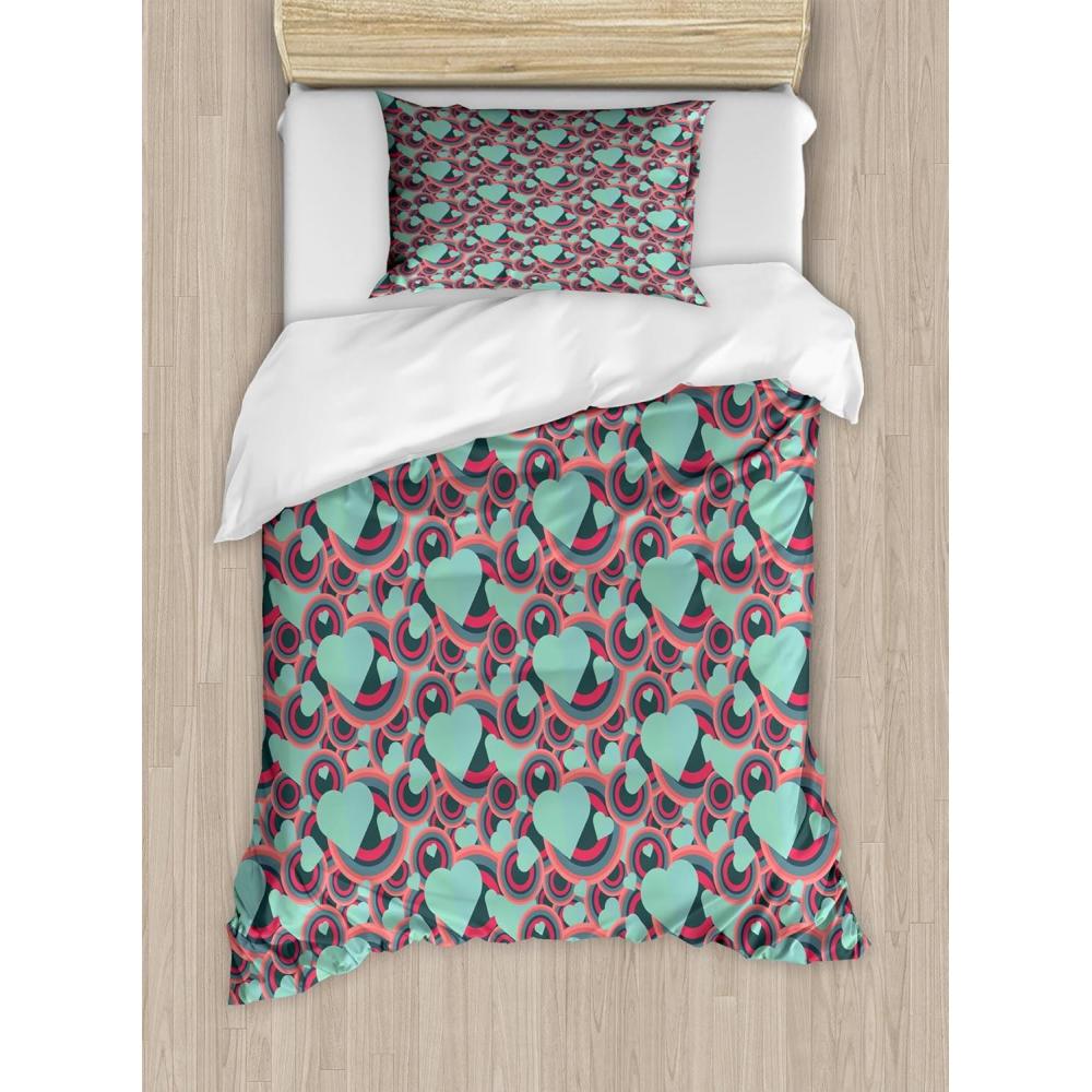 imageAmbesonne Romantic Duvet Cover Set Valentines Day Pattern with Bullseye Circles Love Ornate Heart Shapes Decorative 3 Piece Bedding Set with 2 Pillow Shams Queen Size Seafoam PinkSeafoam Pink