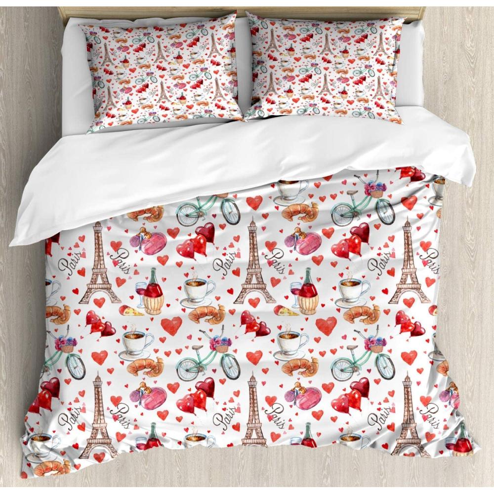 imageAmbesonne Romantic Duvet Cover Sets Valentines Day Love Themed Paris Coffee Wine Parfumes Bikes with Heart Backdrop Bedding Set with 2 Duvet Covers amp 4 Pillowcases 2 Pack Queen Size MulticolorPink Multicolor