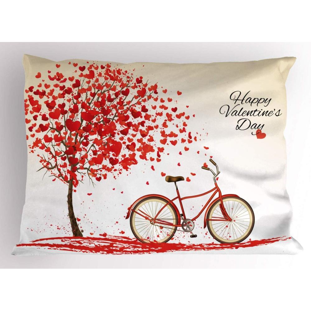 imageAmbesonne Valentines Day Pillow Sham Set of 2 Romantic Tree with Blooming Hearts with Bike and Petals Vintage Art Quality Microfiber Bedding Item for All Seasons 36 x 20 Cream VermilionCream Vermilion