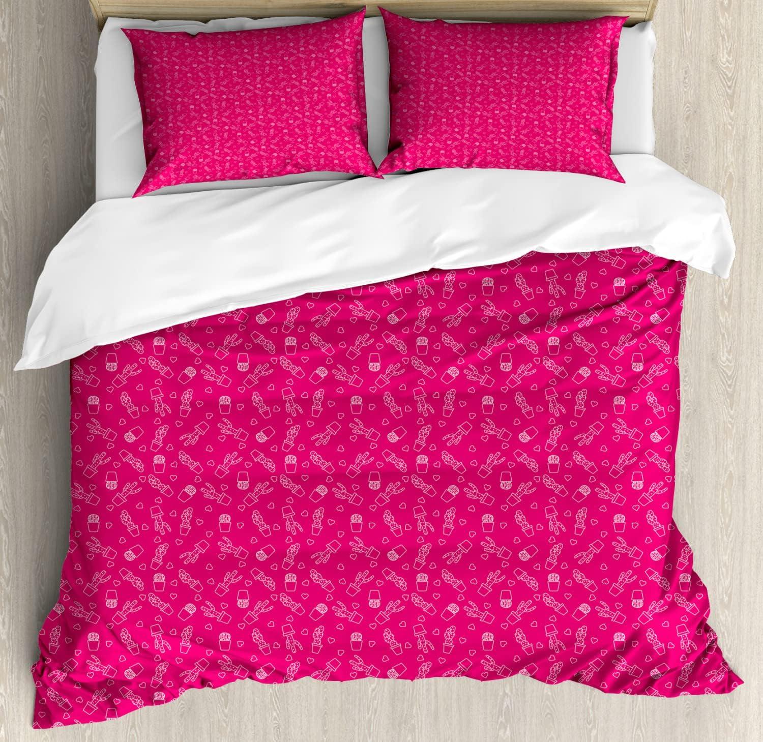 imageAmbesonne Cactus Print Duvet Cover Sets Outline Drawing of Hearts and Pots Drawn by Hand Valentines Day Theme Bedding Set with 2 Duvet Covers amp 4 Pillowcases 2 Pack Queen Size Magenta and WhiteMagenta and White