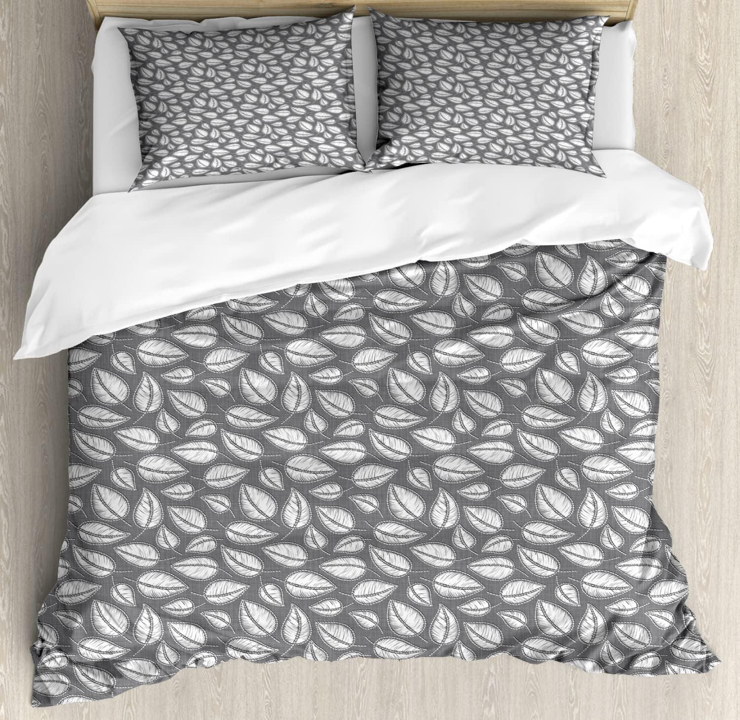 imageAmbesonne Damask Grey Duvet Cover Set Simple Pattern with Curls and Dots in Neutral Design Print Decorative 3 Piece Bedding Set with 2 Pillow Shams Queen Size Pale Grey and WhiteGrey and White