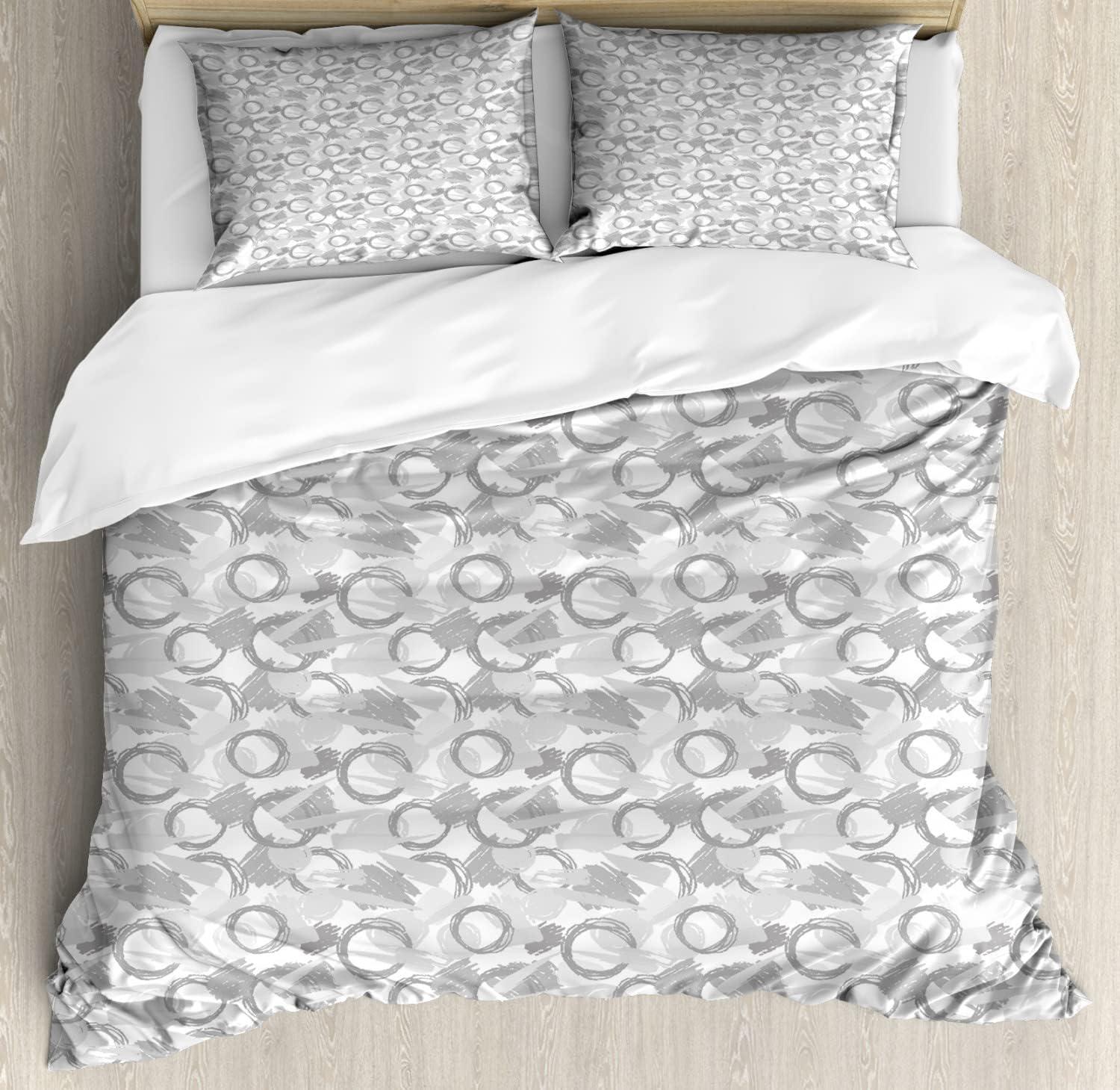 imageAmbesonne Damask Grey Duvet Cover Set Simple Pattern with Curls and Dots in Neutral Design Print Decorative 3 Piece Bedding Set with 2 Pillow Shams Queen Size Pale Grey and WhitePale Grey White