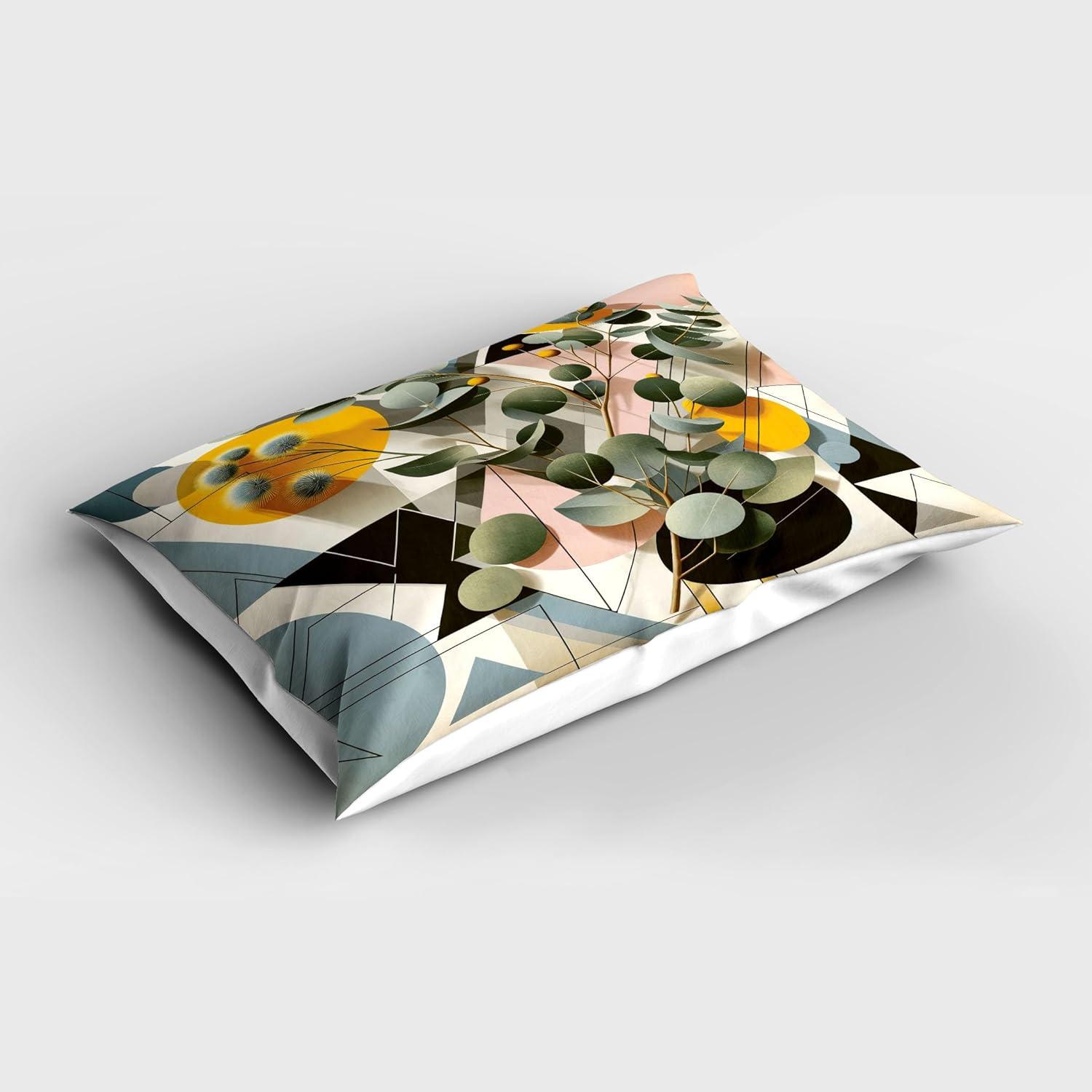 imageAmbesonne Eucalyptus Leaves Pillow Sham Leafy Branches Summer Flowers on Neutral Marble Print Back Decorative Standard Queen Size Printed Pillowcase 30 X 20 Fern Green Pastel YellowOrange Blue Grey Peach
