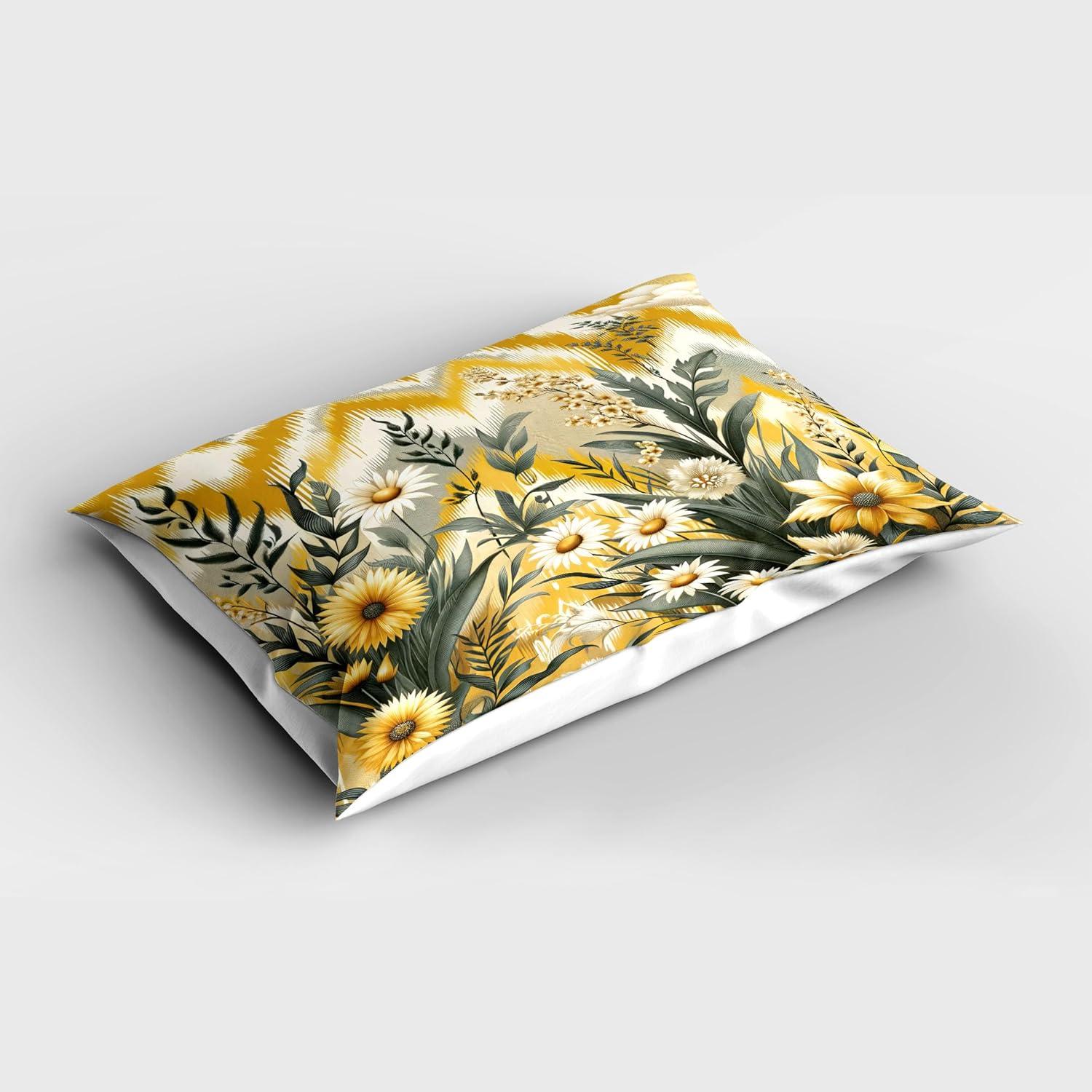 imageAmbesonne Eucalyptus Leaves Pillow Sham Leafy Branches Summer Flowers on Neutral Marble Print Back Decorative Standard Queen Size Printed Pillowcase 30 X 20 Fern Green Pastel YellowMustard and Laurel Green