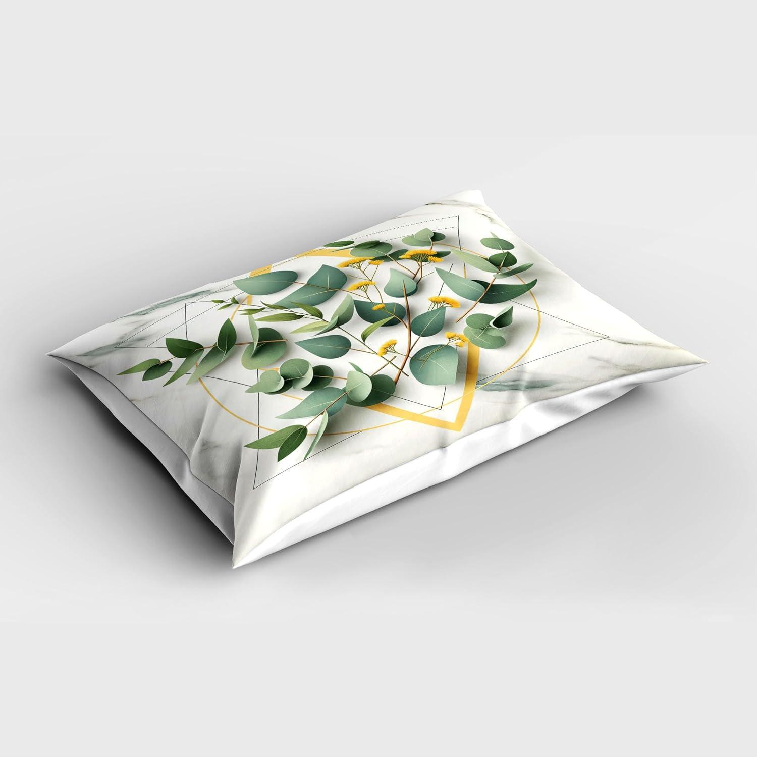 imageAmbesonne Eucalyptus Leaves Pillow Sham Leafy Branches Summer Flowers on Neutral Marble Print Back Decorative Standard Queen Size Printed Pillowcase 30 X 20 Fern Green Pastel YellowPeacock Green Mustard