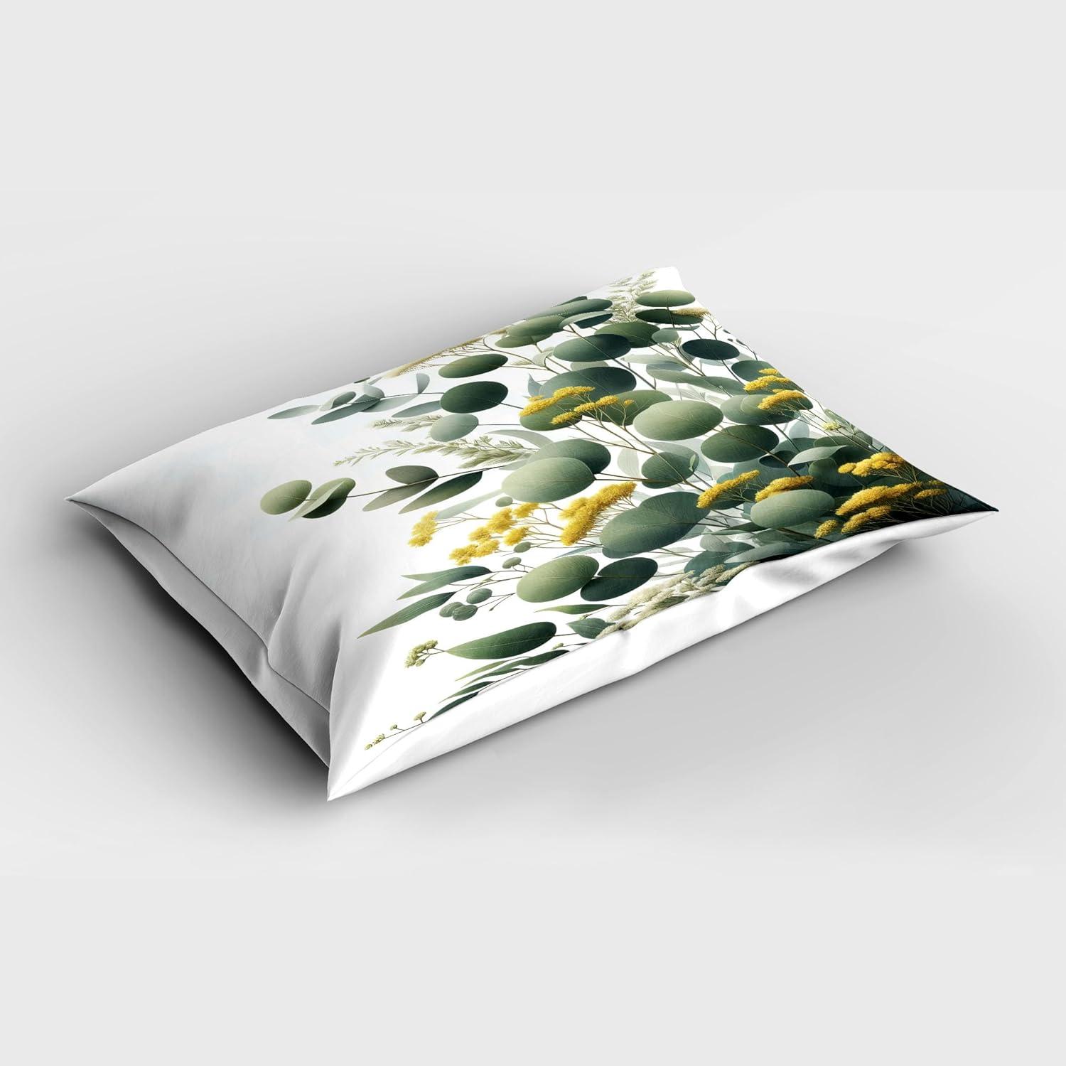 imageAmbesonne Eucalyptus Leaves Pillow Sham Leafy Branches Summer Flowers on Neutral Marble Print Back Decorative Standard Queen Size Printed Pillowcase 30 X 20 Fern Green Pastel YellowMustard and Peacock Green