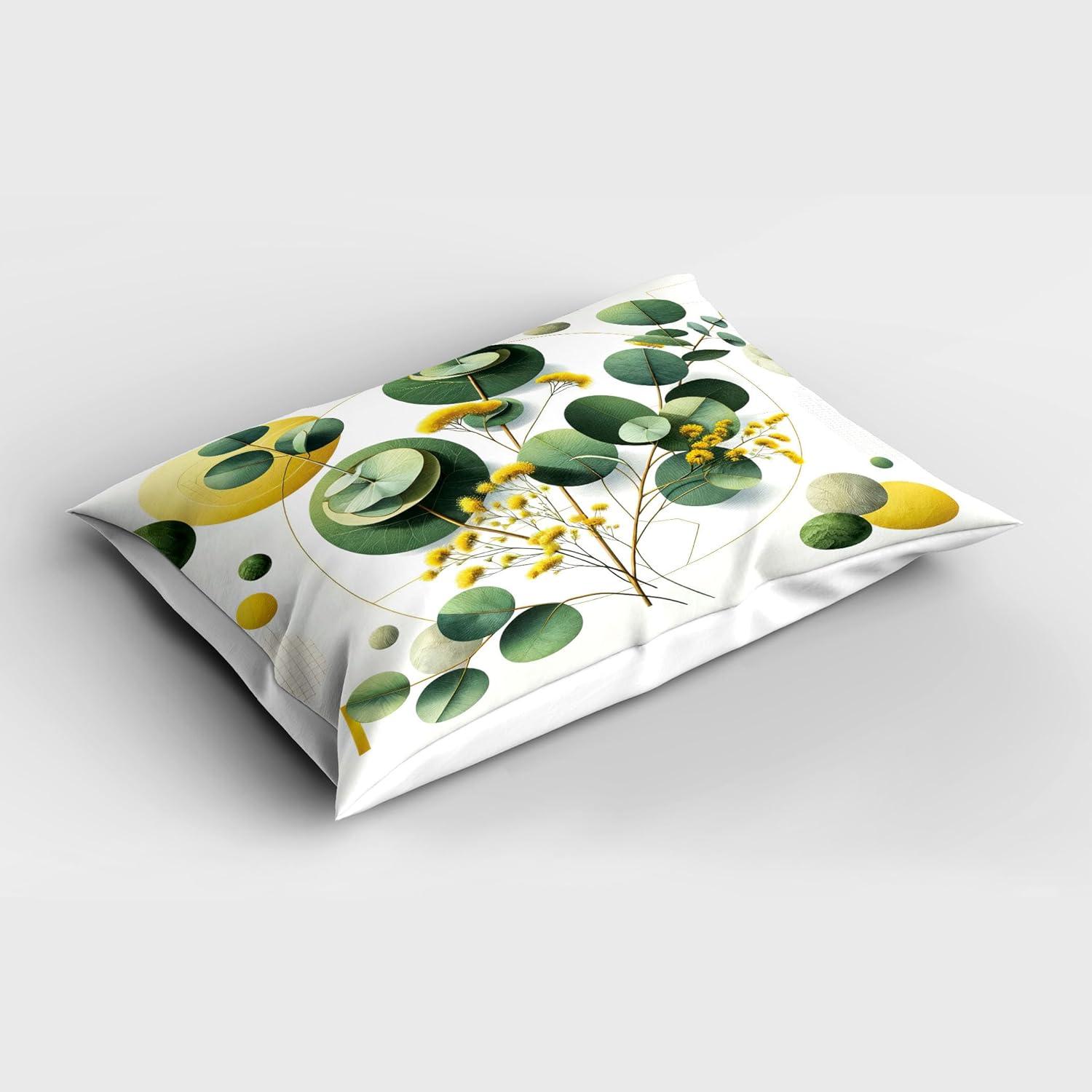 imageAmbesonne Eucalyptus Leaves Pillow Sham Leafy Branches Summer Flowers on Neutral Marble Print Back Decorative Standard Queen Size Printed Pillowcase 30 X 20 Fern Green Pastel YellowFern Green Yellow and White