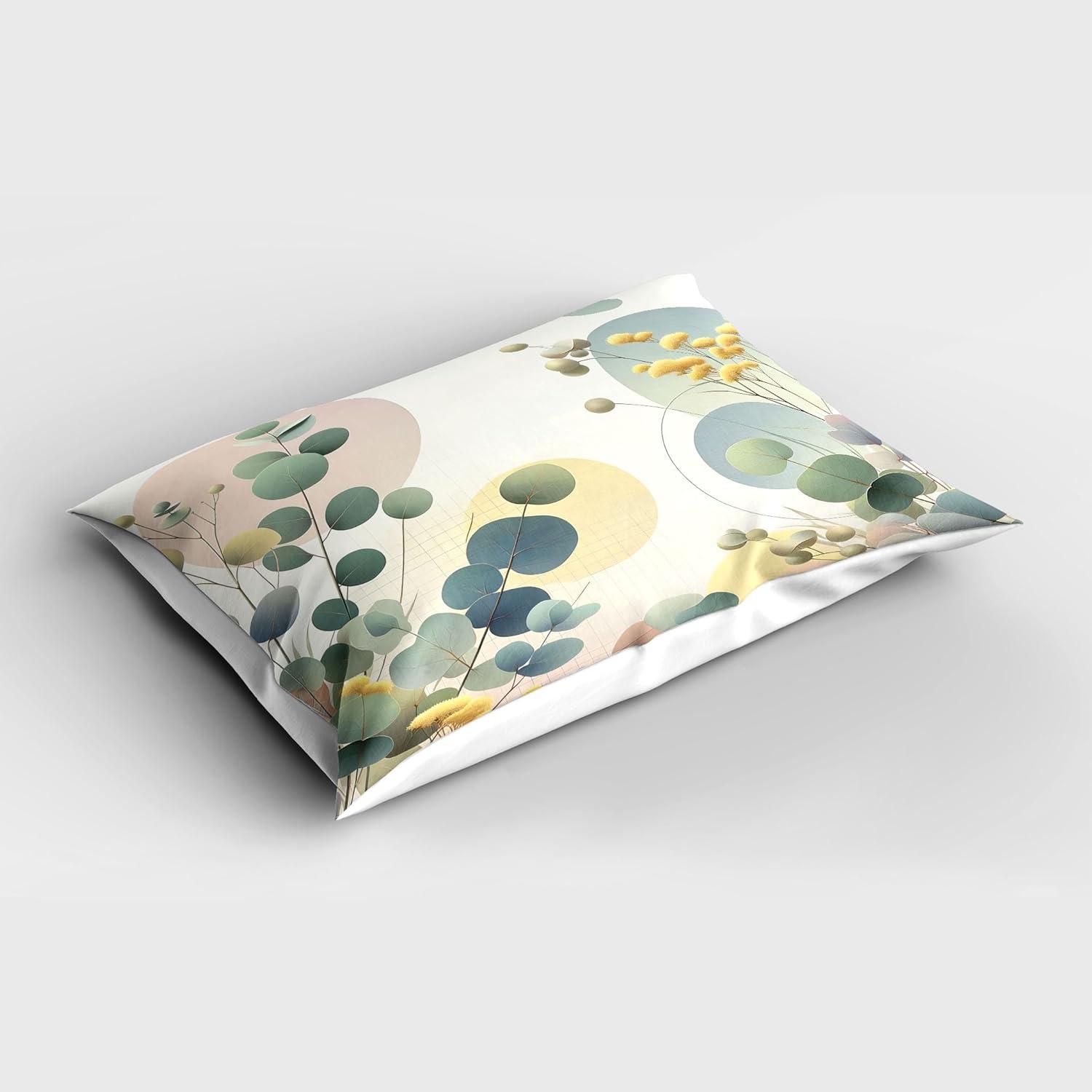 imageAmbesonne Eucalyptus Leaves Pillow Sham Leafy Branches Summer Flowers on Neutral Marble Print Back Decorative Standard Queen Size Printed Pillowcase 30 X 20 Fern Green Pastel YellowLaurel Green Blue Cream