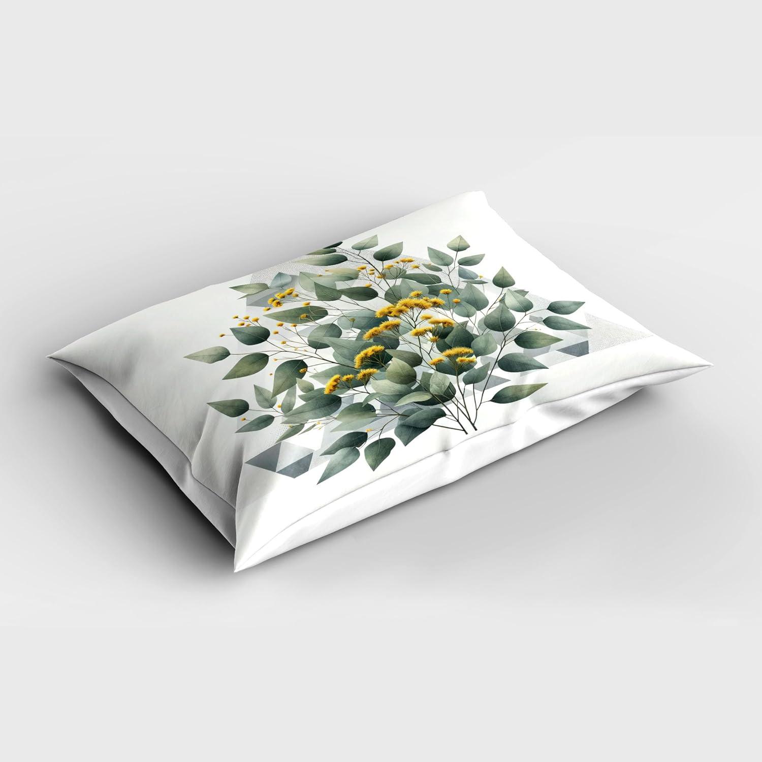 imageAmbesonne Eucalyptus Leaves Pillow Sham Leafy Branches Summer Flowers on Neutral Marble Print Back Decorative Standard Queen Size Printed Pillowcase 30 X 20 Fern Green Pastel YellowLaurel Green White
