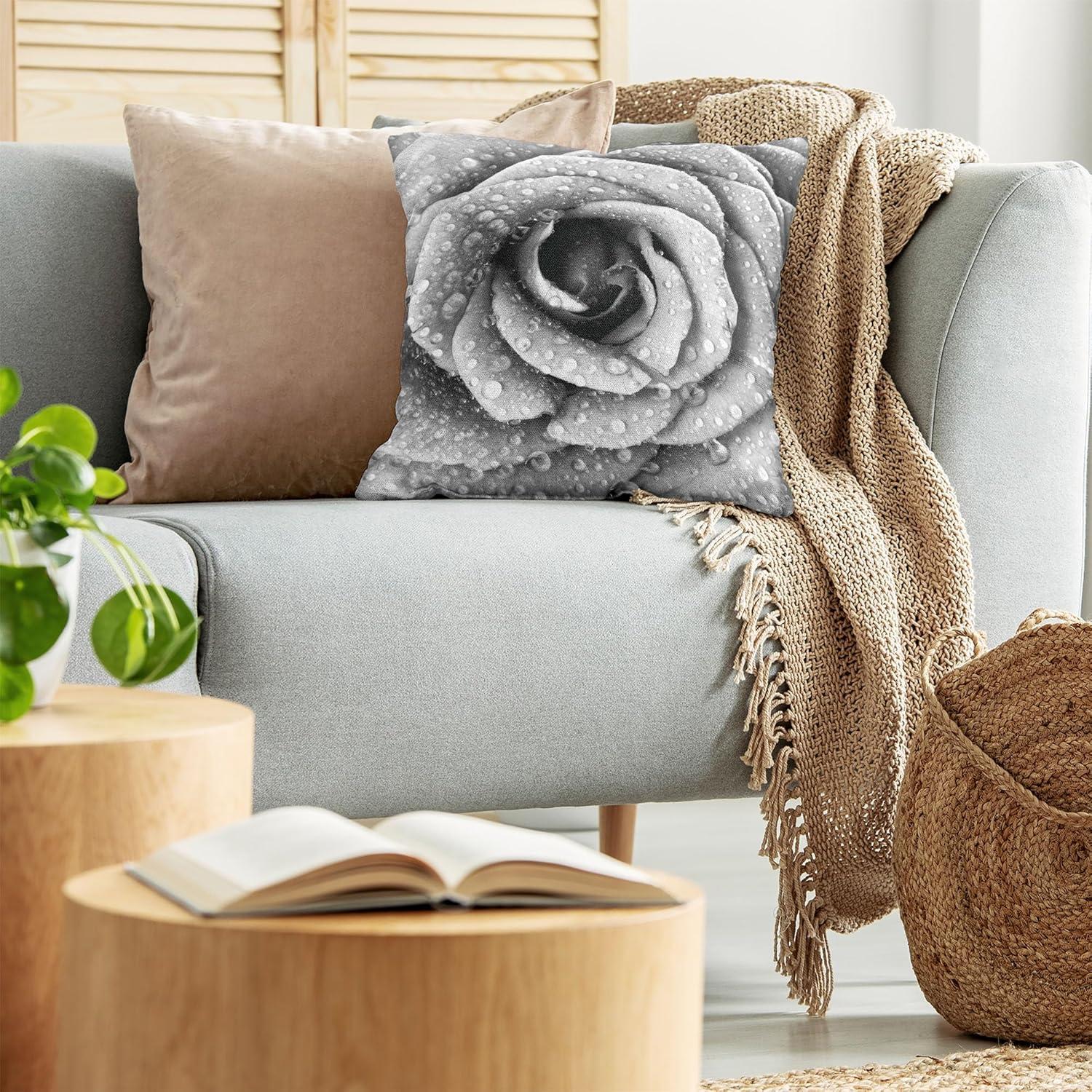 imageAmbesonne Flower Throw Pillow Cushion Cover Retro Romantic Rose Petal with Rain Water Drops Valentines Love Picture Decorative Square Accent Pillow Case 18 X 18 White and BlackWhite and Black