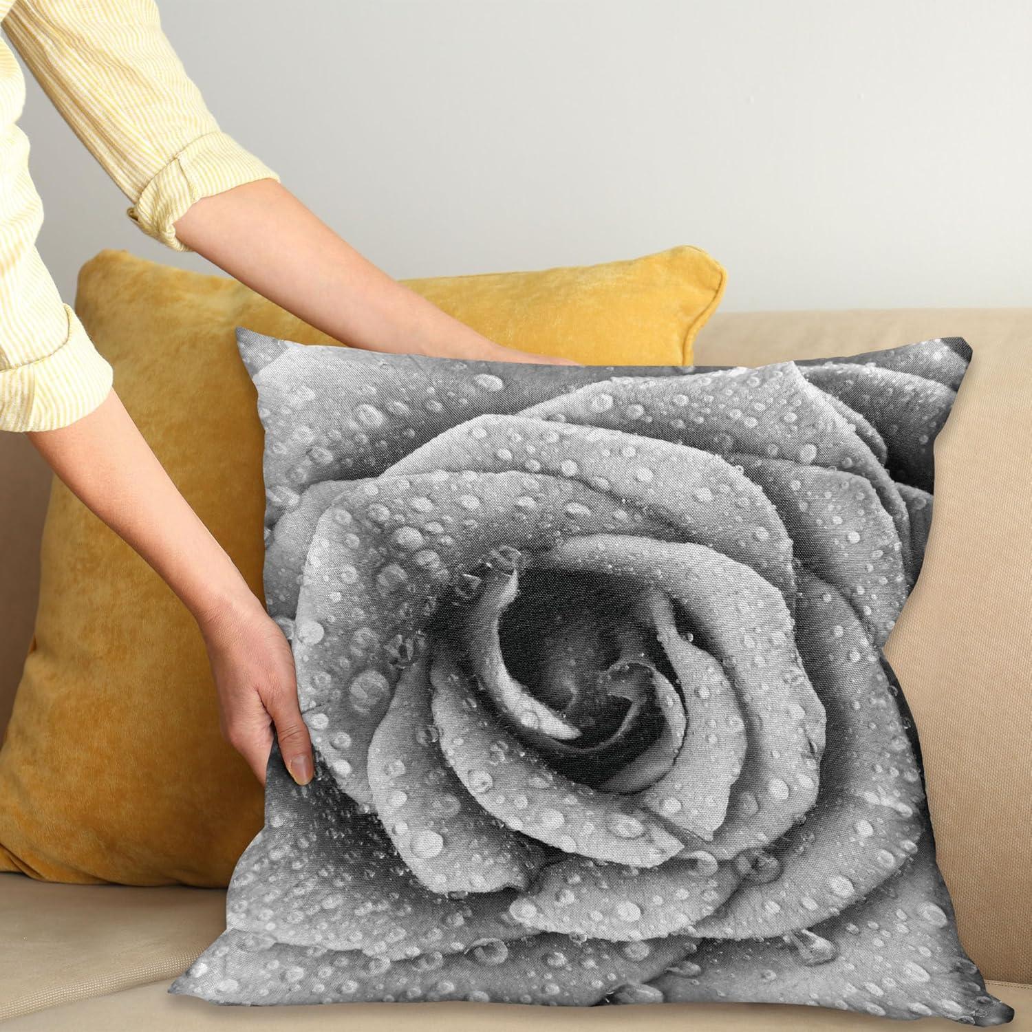 imageAmbesonne Flower Throw Pillow Cushion Cover Retro Romantic Rose Petal with Rain Water Drops Valentines Love Picture Decorative Square Accent Pillow Case 18 X 18 White and BlackWhite and Black
