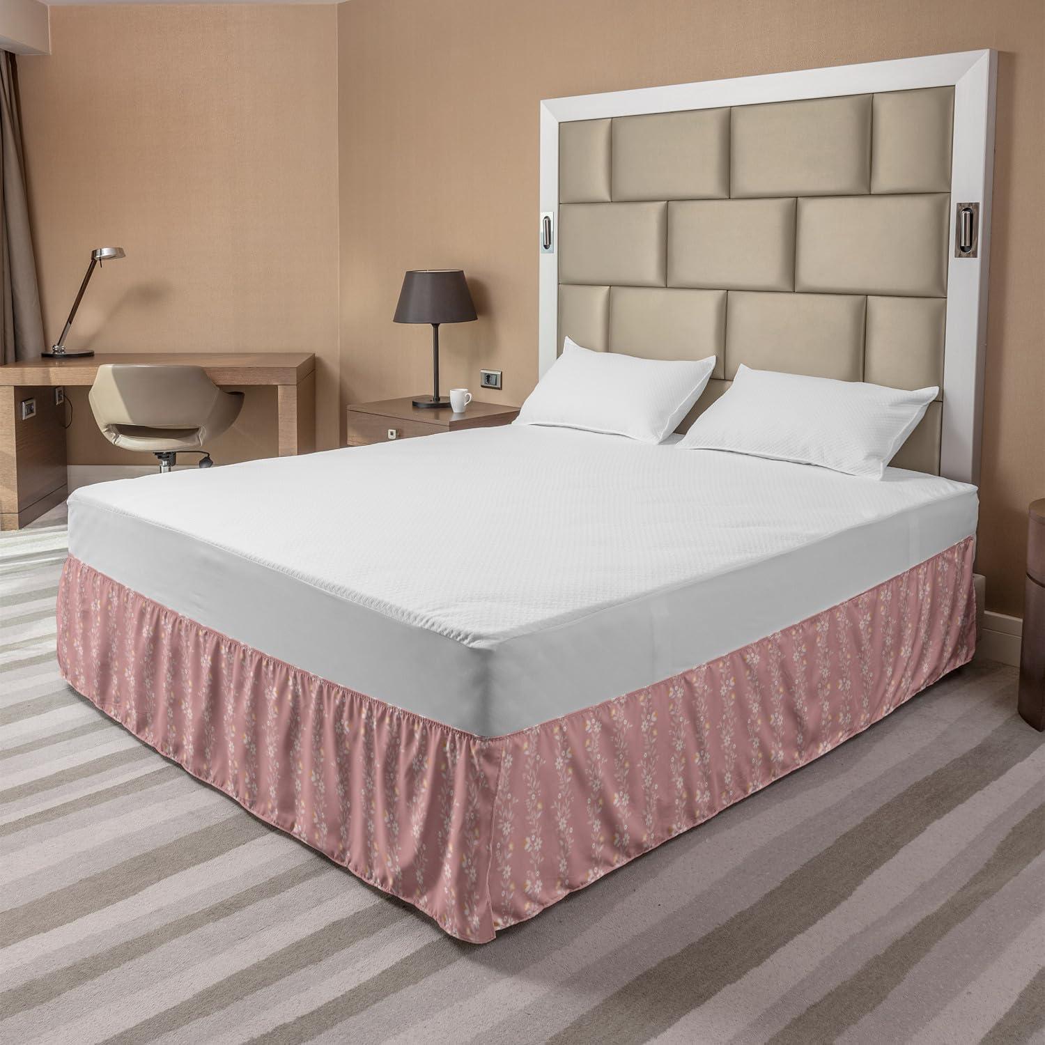imageAmbesonne Neutral Color Elastic Bed Skirt Retro Swirly Flowering Branch Curly Blossom Leaves Ornamental Motif Wrap Around Fabric Bedskirt Dust Ruffle for Bedroom King Pale Pink and Rose