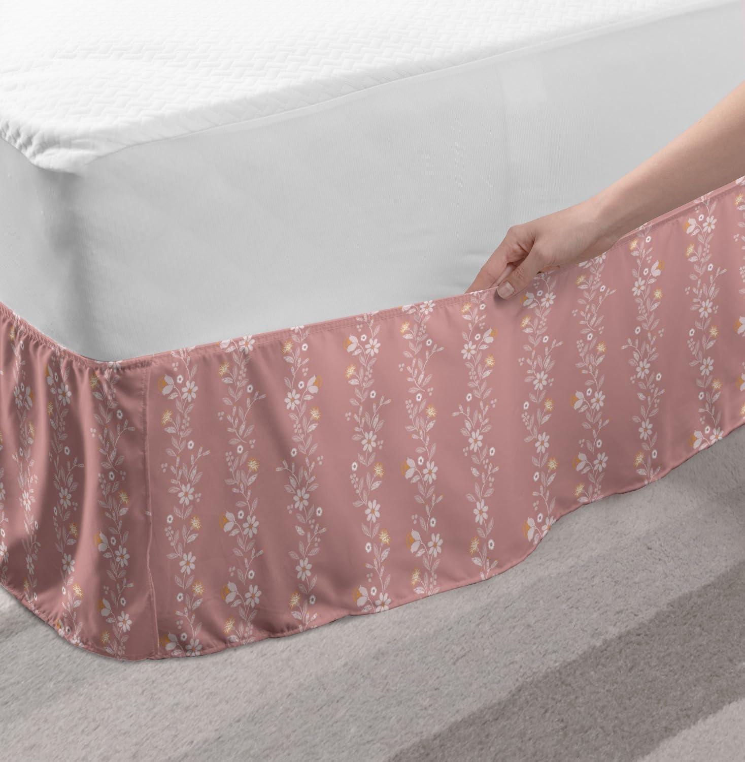 imageAmbesonne Neutral Color Elastic Bed Skirt Retro Swirly Flowering Branch Curly Blossom Leaves Ornamental Motif Wrap Around Fabric Bedskirt Dust Ruffle for Bedroom King Pale Pink and Rose