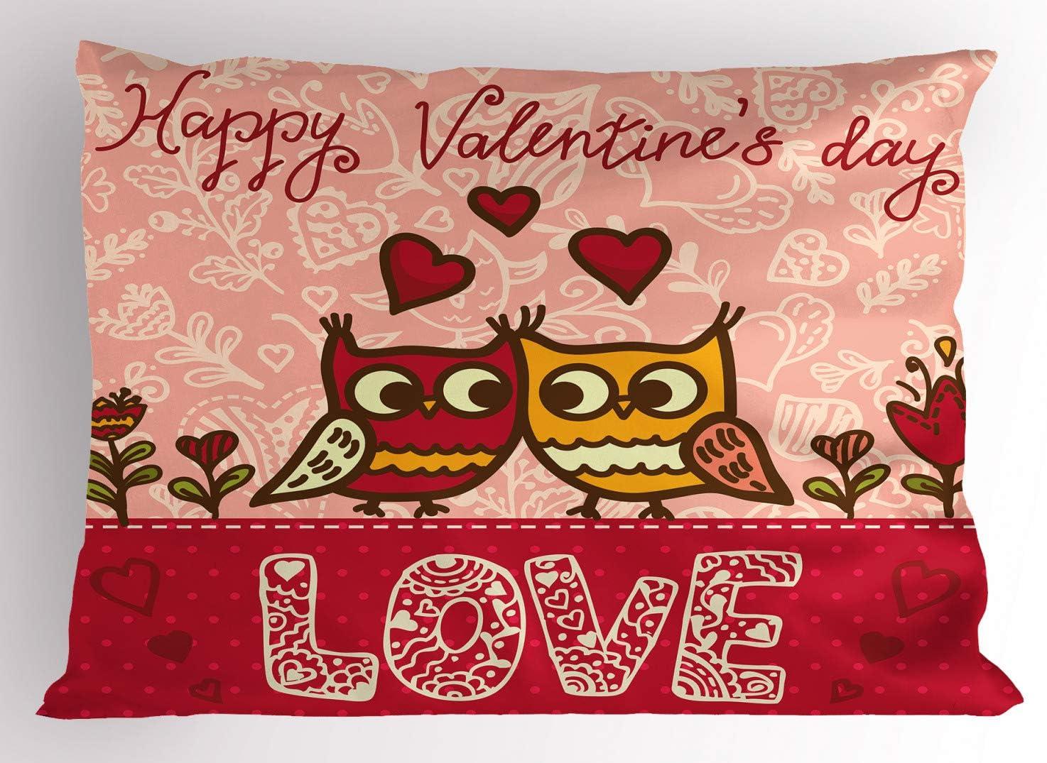 imageAmbesonne Valentines Day Pillow Sham Set of 2 Owls in Love Print Partners Couples Boho Style Hearts Flowers Dots Quality Microfiber Bedding Item for All Seasons 26 x 20 Pink Red YellowPink Red Yellow