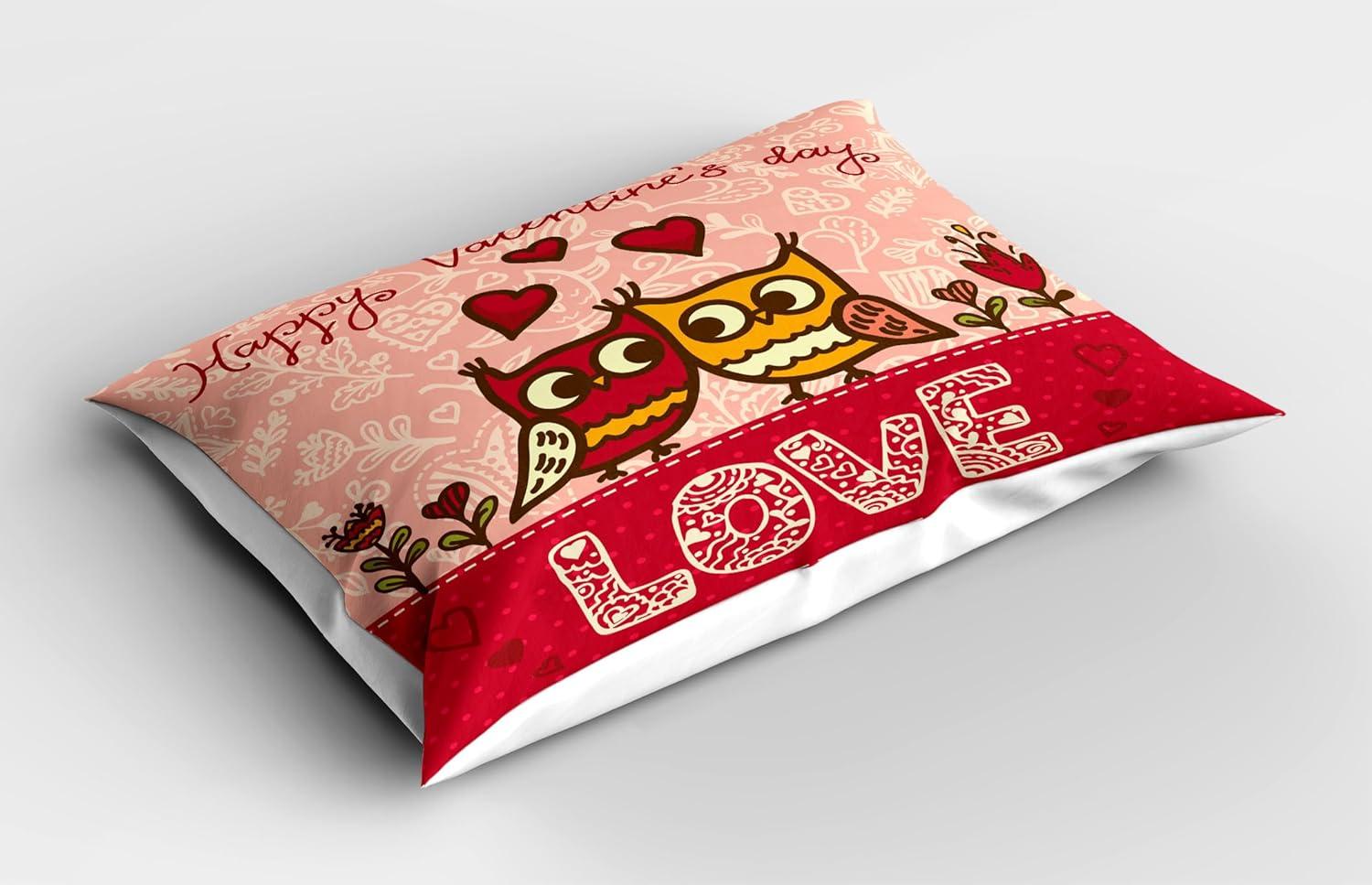 imageAmbesonne Valentines Day Pillow Sham Set of 2 Owls in Love Print Partners Couples Boho Style Hearts Flowers Dots Quality Microfiber Bedding Item for All Seasons 26 x 20 Pink Red YellowPink Red Yellow