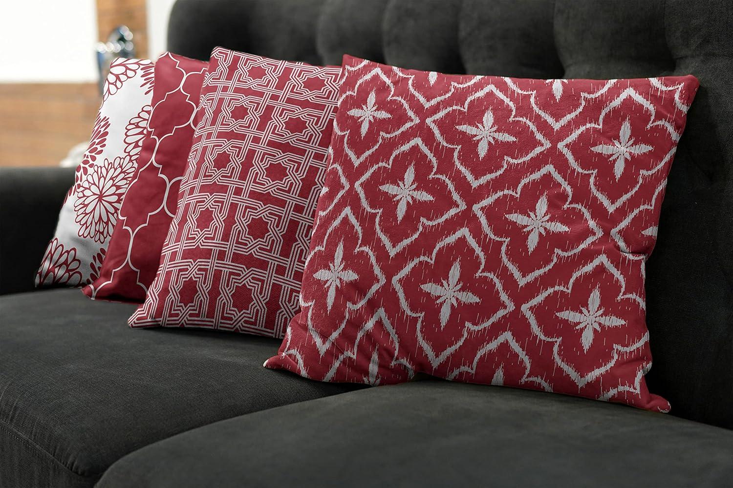 imageAmbesonne Vintage Throw Pillow Cushion Case Pack of 4 Monochrome Design Grid Trellis Quatrefoil Mesh and Dahlia Flowers Modern Print Modern Accent DoubleSided Digital Printing 16 Ruby and White