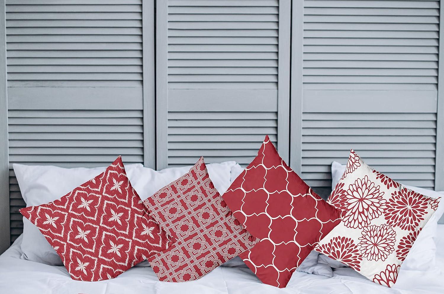 imageAmbesonne Vintage Throw Pillow Cushion Case Pack of 4 Monochrome Design Grid Trellis Quatrefoil Mesh and Dahlia Flowers Modern Print Modern Accent DoubleSided Digital Printing 16 Ruby and White