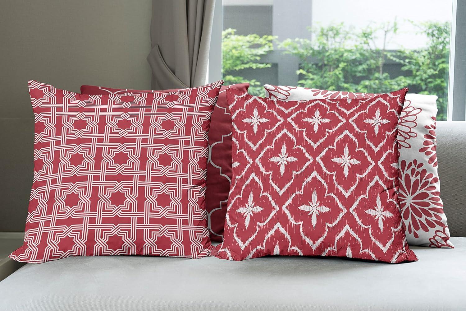 imageAmbesonne Vintage Throw Pillow Cushion Case Pack of 4 Monochrome Design Grid Trellis Quatrefoil Mesh and Dahlia Flowers Modern Print Modern Accent DoubleSided Digital Printing 16 Ruby and White