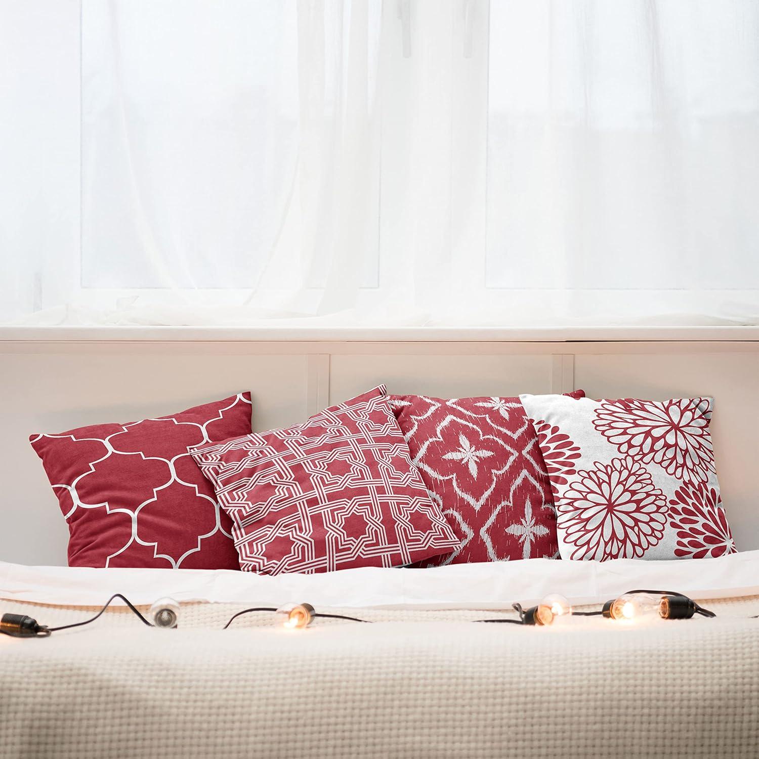imageAmbesonne Vintage Throw Pillow Cushion Case Pack of 4 Monochrome Design Grid Trellis Quatrefoil Mesh and Dahlia Flowers Modern Print Modern Accent DoubleSided Digital Printing 16 Ruby and White