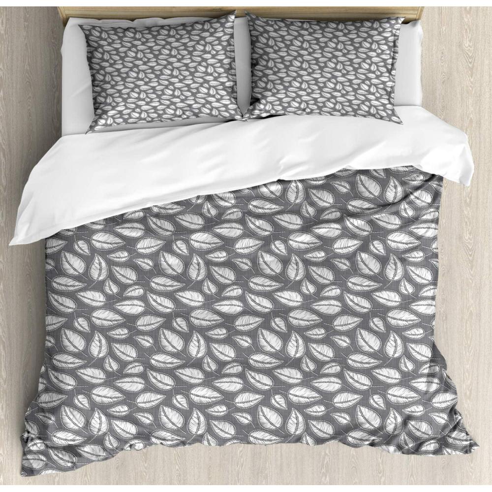 imageAmbesonne Damask Grey Duvet Cover Set Simple Pattern with Curls and Dots in Neutral Design Print Decorative 3 Piece Bedding Set with 2 Pillow Shams Queen Size Pale Grey and WhiteGrey and White