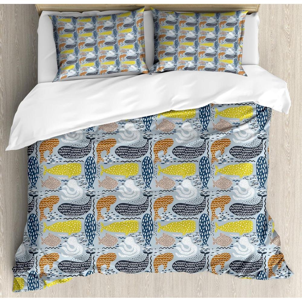 imageAmbesonne Damask Grey Duvet Cover Set Simple Pattern with Curls and Dots in Neutral Design Print Decorative 3 Piece Bedding Set with 2 Pillow Shams Queen Size Pale Grey and WhitePale Blue Multicolor