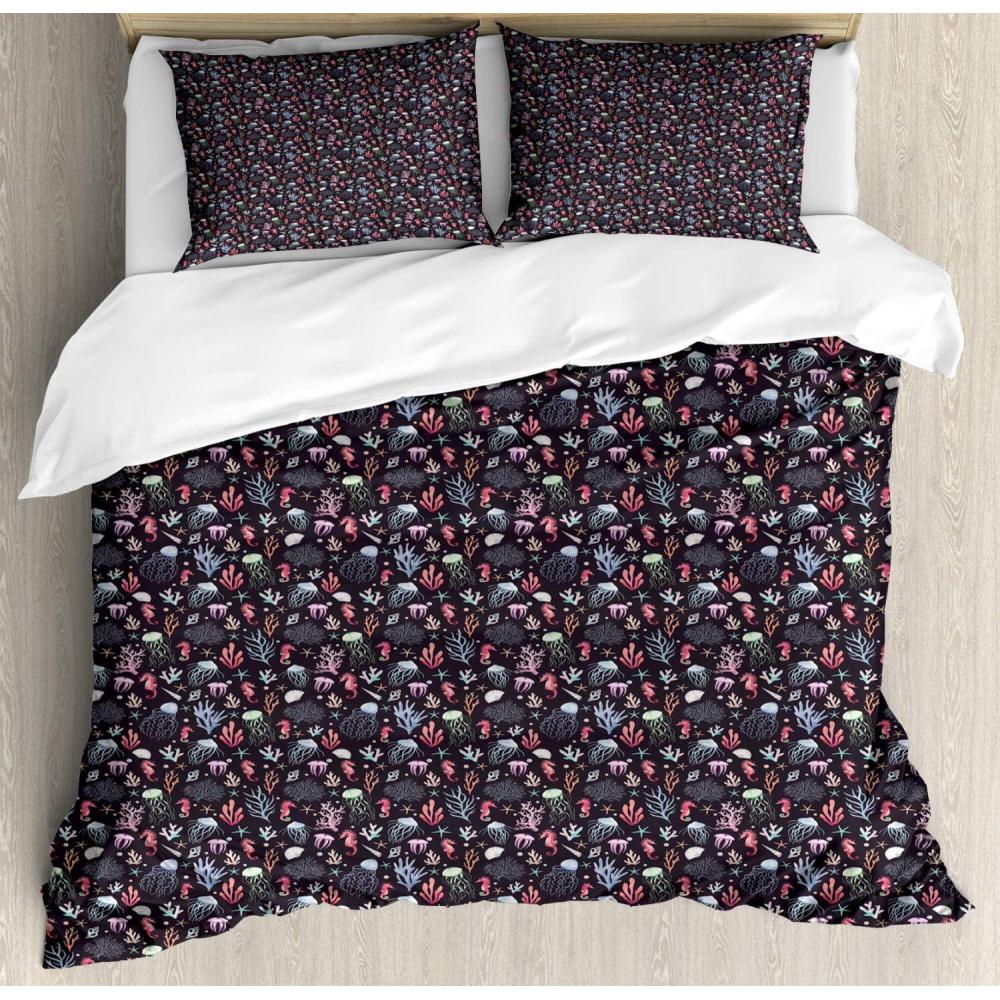 imageAmbesonne Damask Grey Duvet Cover Set Simple Pattern with Curls and Dots in Neutral Design Print Decorative 3 Piece Bedding Set with 2 Pillow Shams Queen Size Pale Grey and WhiteCoral Multicolor