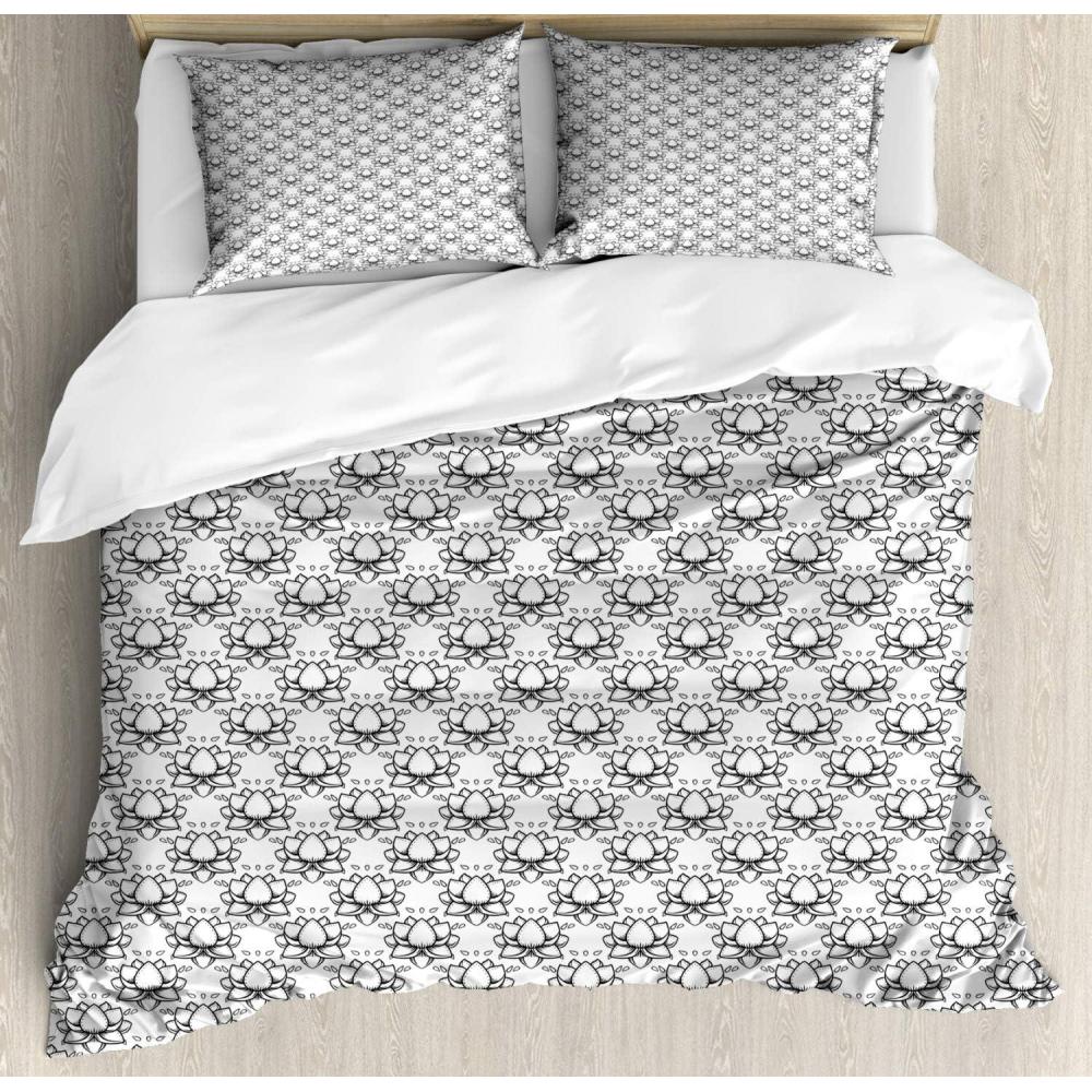 imageAmbesonne Damask Grey Duvet Cover Set Simple Pattern with Curls and Dots in Neutral Design Print Decorative 3 Piece Bedding Set with 2 Pillow Shams Queen Size Pale Grey and WhiteWhite Pale Grey