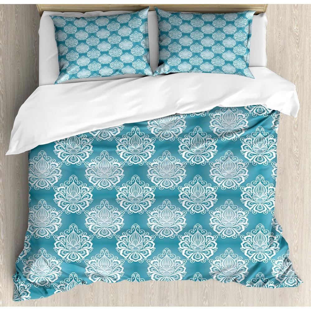 imageAmbesonne Damask Grey Duvet Cover Set Simple Pattern with Curls and Dots in Neutral Design Print Decorative 3 Piece Bedding Set with 2 Pillow Shams Queen Size Pale Grey and WhiteBlue and White