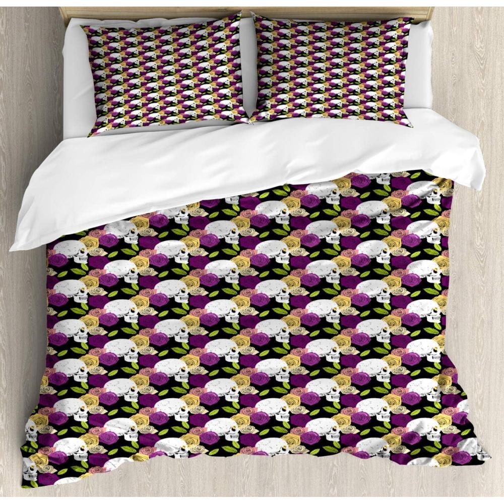 imageAmbesonne Damask Grey Duvet Cover Set Simple Pattern with Curls and Dots in Neutral Design Print Decorative 3 Piece Bedding Set with 2 Pillow Shams Queen Size Pale Grey and WhiteDark Purple Multicolor