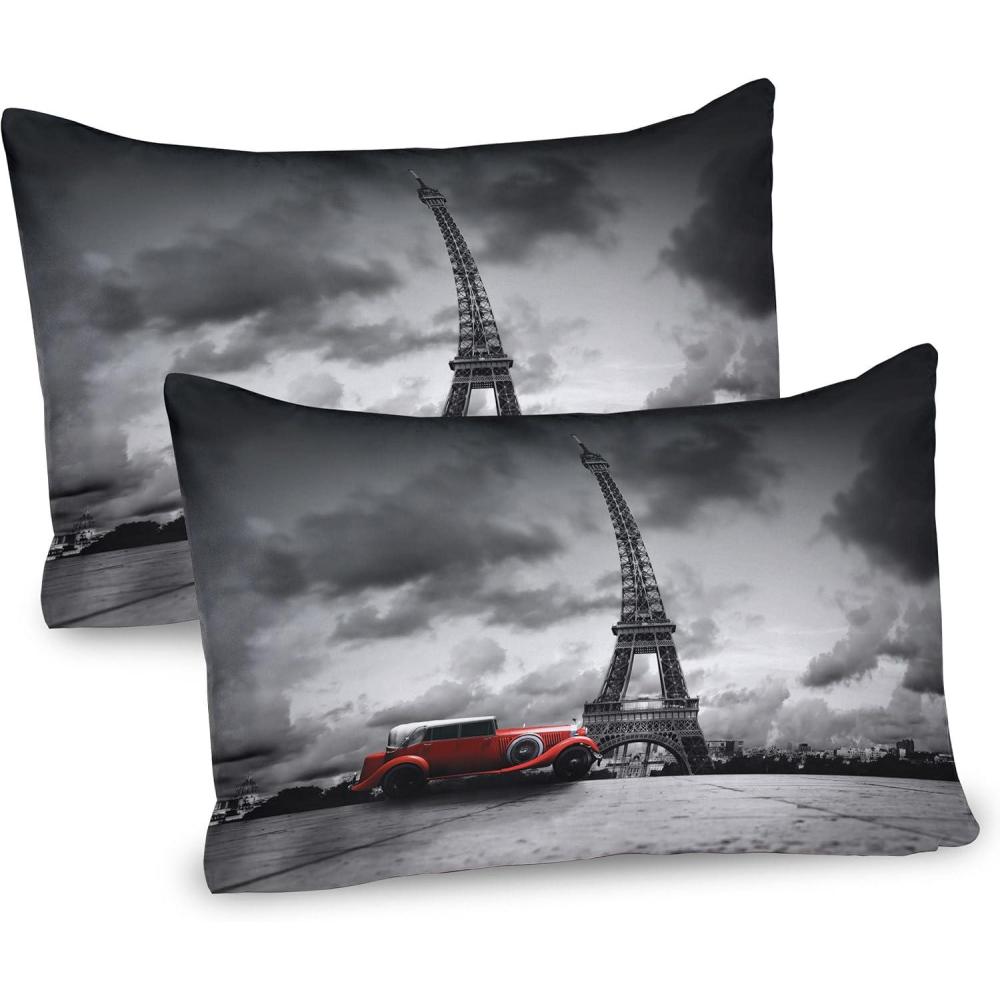 imageAmbesonne Eiffel Tower Pillow Sham Set of 2 Autumn Romantic Paris Historical Valentines Day Umbrellas Doodle Quality Microfiber Bedding Item for All Seasons 26 x 20 Lilac Red Pale BlueGrey Black Red