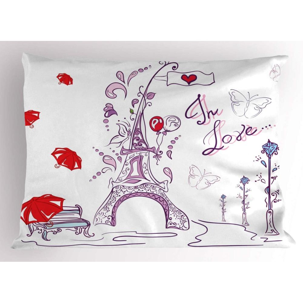 imageAmbesonne Eiffel Tower Pillow Sham Set of 2 Autumn Romantic Paris Historical Valentines Day Umbrellas Doodle Quality Microfiber Bedding Item for All Seasons 26 x 20 Lilac Red Pale BlueLilac Red Pale Blue
