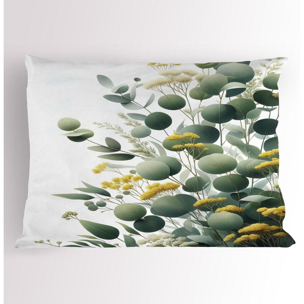 imageAmbesonne Eucalyptus Leaves Pillow Sham Leafy Branches Summer Flowers on Neutral Marble Print Back Decorative Standard Queen Size Printed Pillowcase 30 X 20 Fern Green Pastel YellowMustard and Peacock Green