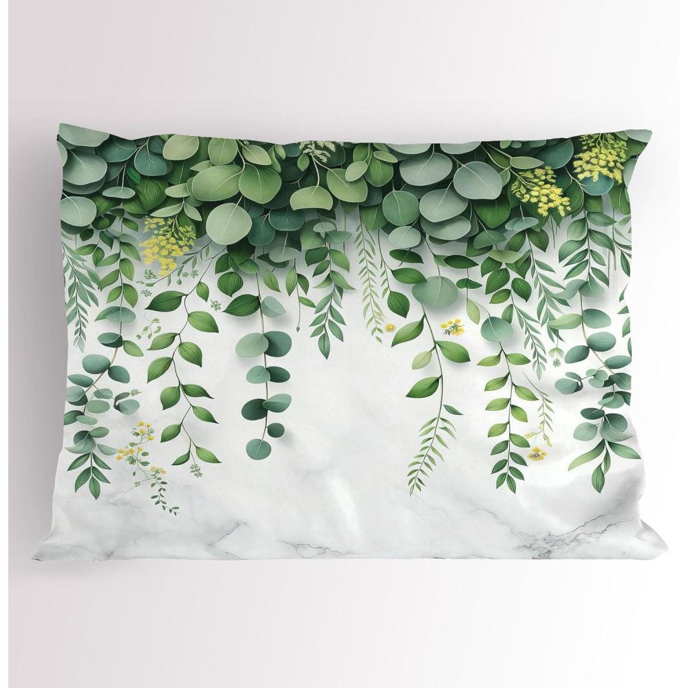 imageAmbesonne Eucalyptus Leaves Pillow Sham Leafy Branches Summer Flowers on Neutral Marble Print Back Decorative Standard Queen Size Printed Pillowcase 30 X 20 Fern Green Pastel YellowFern Green Pastel Yellow