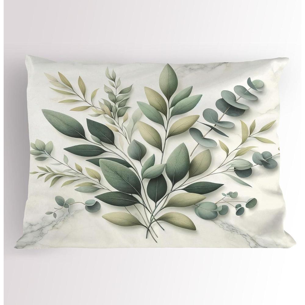 imageAmbesonne Eucalyptus Leaves Pillow Sham Leafy Branches Summer Flowers on Neutral Marble Print Back Decorative Standard Queen Size Printed Pillowcase 30 X 20 Fern Green Pastel YellowSage Green Off White