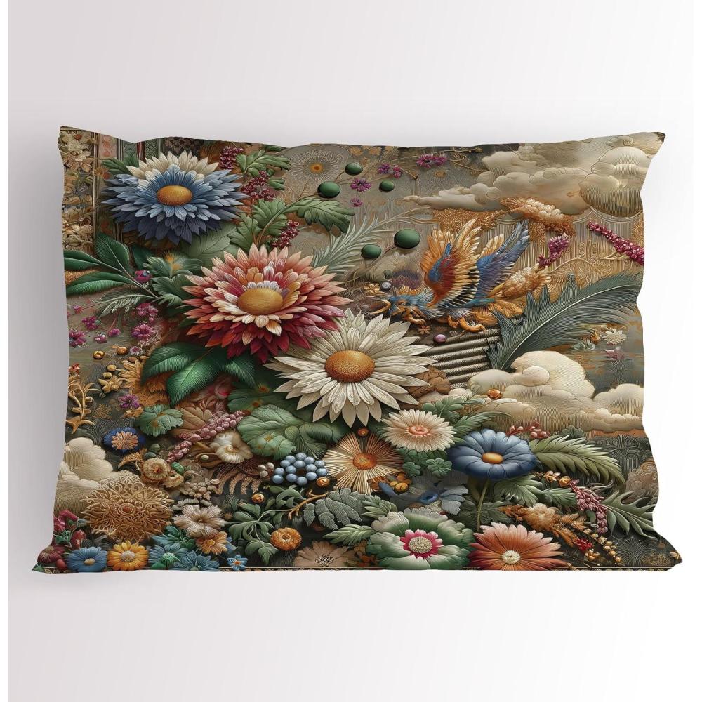 imageAmbesonne Eucalyptus Leaves Pillow Sham Leafy Branches Summer Flowers on Neutral Marble Print Back Decorative Standard Queen Size Printed Pillowcase 30 X 20 Fern Green Pastel YellowSepia Multicolor