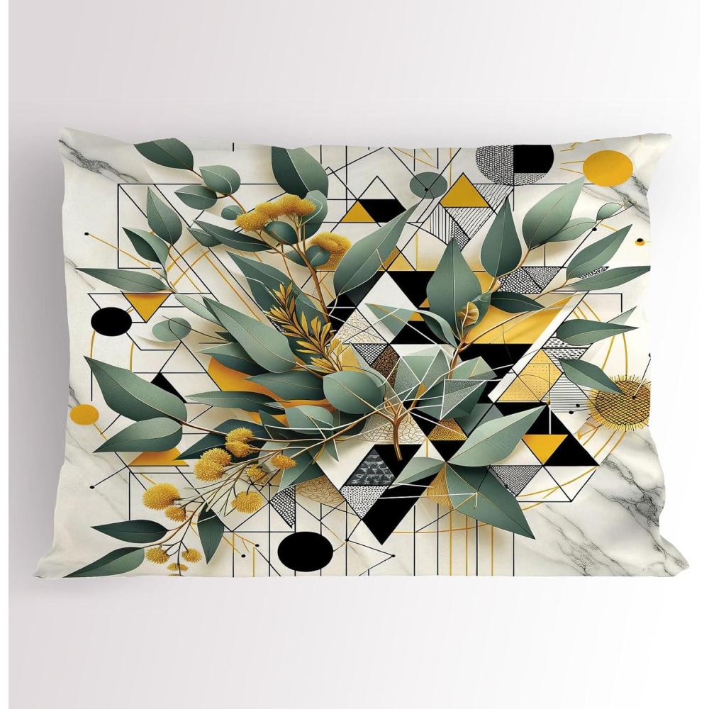 imageAmbesonne Eucalyptus Leaves Pillow Sham Leafy Branches Summer Flowers on Neutral Marble Print Back Decorative Standard Queen Size Printed Pillowcase 30 X 20 Fern Green Pastel YellowGreen Black Mustard