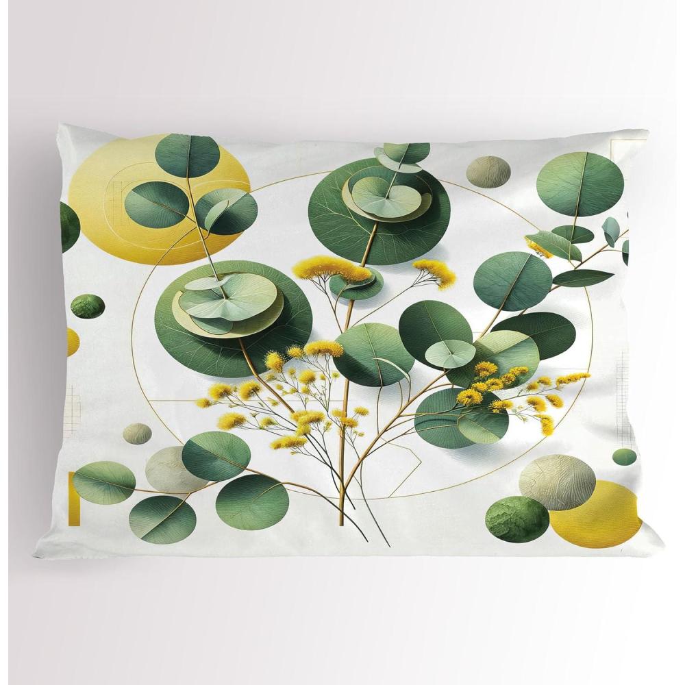 imageAmbesonne Eucalyptus Leaves Pillow Sham Leafy Branches Summer Flowers on Neutral Marble Print Back Decorative Standard Queen Size Printed Pillowcase 30 X 20 Fern Green Pastel YellowFern Green Yellow and White