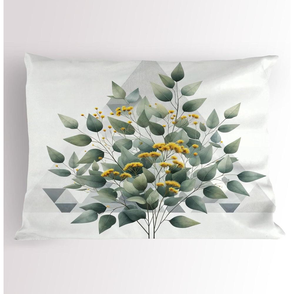 imageAmbesonne Eucalyptus Leaves Pillow Sham Leafy Branches Summer Flowers on Neutral Marble Print Back Decorative Standard Queen Size Printed Pillowcase 30 X 20 Fern Green Pastel YellowLaurel Green White