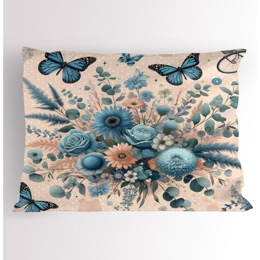 imageAmbesonne Eucalyptus Leaves Pillow Sham Leafy Branches Summer Flowers on Neutral Marble Print Back Decorative Standard Queen Size Printed Pillowcase 30 X 20 Fern Green Pastel YellowBlush and Sea Blue