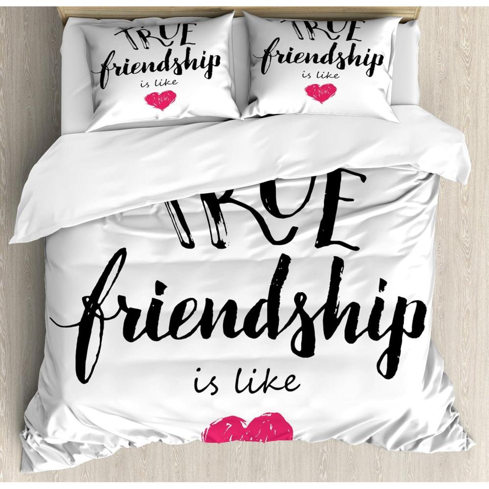 imageAmbesonne Love Duvet Cover Set Valentines Day Words and Hearts on Grunge Stripes Backdrop Decorative 3 Piece Bedding Set with 2 Pillow Shams Queen Size Charcoal Grey Pale PinkBlack White and Pink